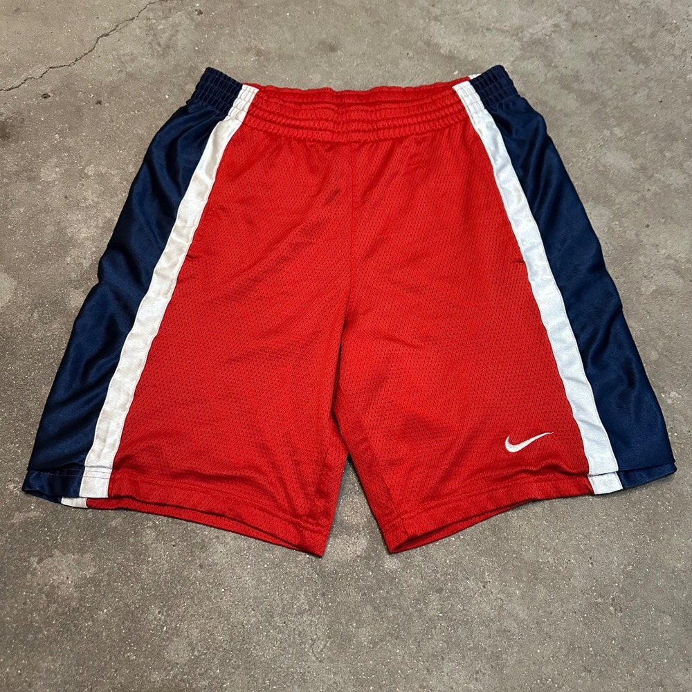 Y2K Nike Basketball Shorts Mens Small Red Mesh Stripe Athletic Gym Dazzle‎ Baggy